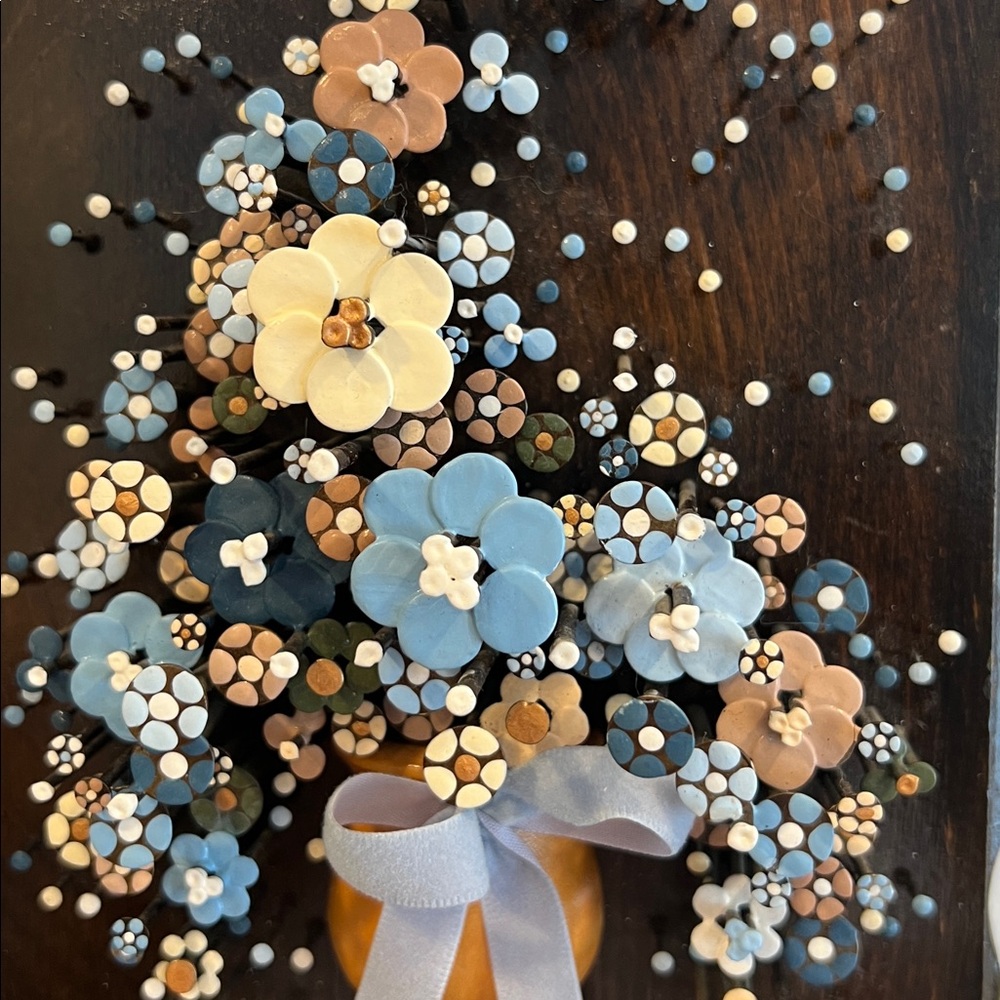 Vintage Floral Nail Wall Art with Blue and Cream Accents